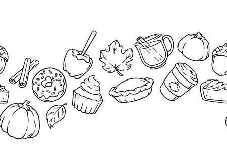 Autumn items and food pattern. Happy Thanksgiving Day and Halloween traditional symbols. Holiday objects and icons.のイラスト素材