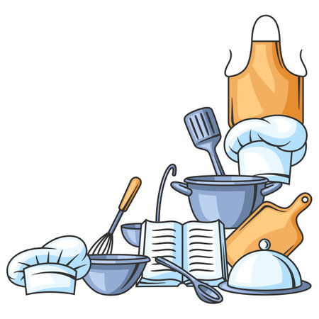 Background with kitchen utensils. Cooking tools home and restaurant items.のイラスト素材