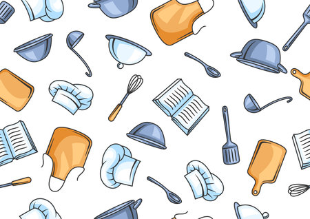 Pattern with kitchen utensils. Cooking tools home and restaurant items.のイラスト素材