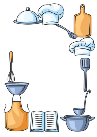 Background with kitchen utensils. Cooking tools home and restaurant items.のイラスト素材