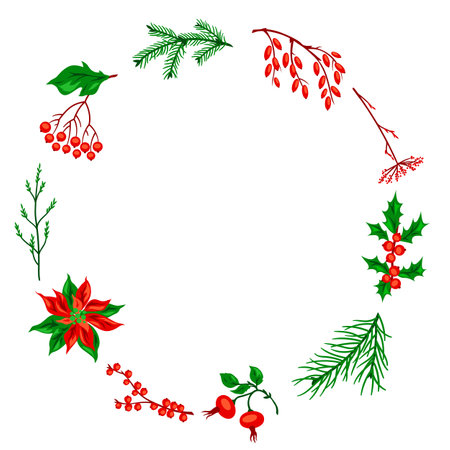 Frame with winter plants. Merry Christmas and Happy New Year decoration. Holiday design.のイラスト素材