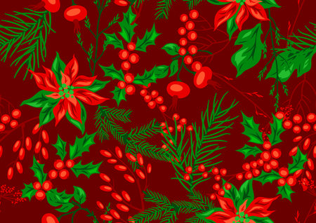 Pattern with winter plants. Merry Christmas and Happy New Year decoration. Holiday design.のイラスト素材