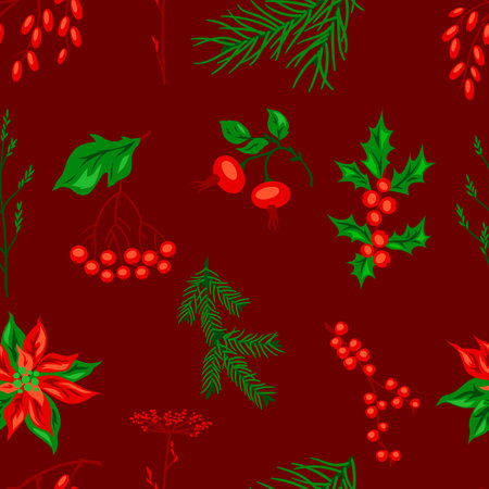 Pattern with winter plants. Merry Christmas and Happy New Year decoration. Holiday design.のイラスト素材