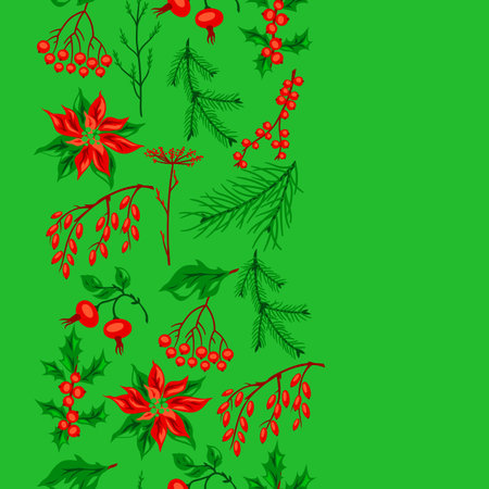 Pattern with winter plants. Merry Christmas and Happy New Year decoration. Holiday design.のイラスト素材