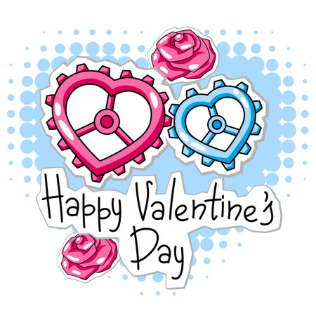 Happy Valentine Day greeting card. Holiday background with romantic stickers and love symbols. Celebration illustration.のイラスト素材