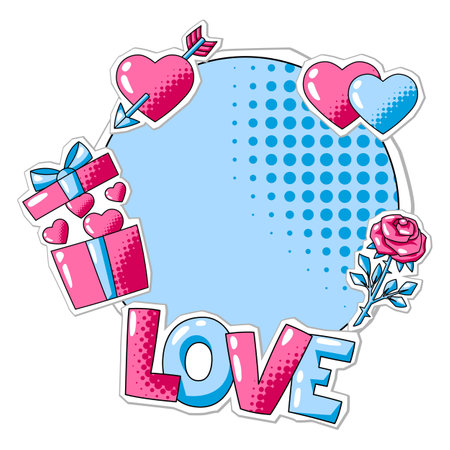 Happy Valentine Day greeting card. Holiday background with romantic stickers and love symbols. Celebration illustration.のイラスト素材