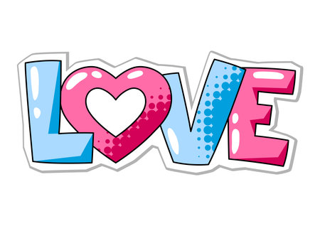 Text Love for Valentine Day. Holiday romantic sticker and love symbol. Celebration illustration.のイラスト素材