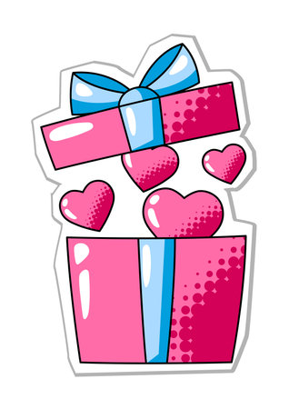 Hearts giftbox for Valentine Day. Holiday romantic sticker and love symbol. Celebration illustration.のイラスト素材