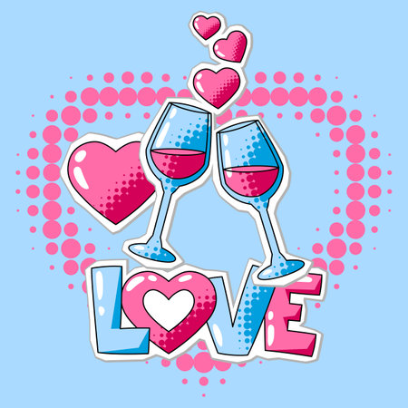Happy Valentine Day greeting card. Holiday background with romantic stickers and love symbols. Celebration illustration.のイラスト素材