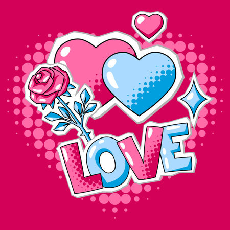 Happy Valentine Day greeting card. Holiday background with romantic stickers and love symbols. Celebration illustration.のイラスト素材