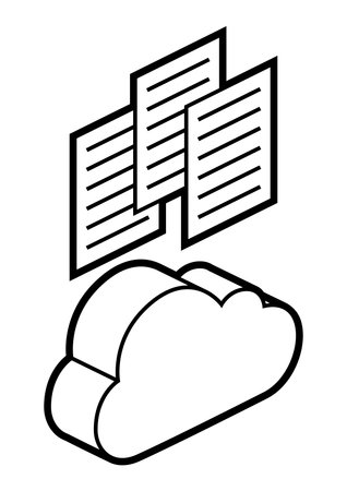 Cloud and paper icon in isometry. Storage of information and files. Image for website, app, logo, UI design. Line art illustration.のイラスト素材