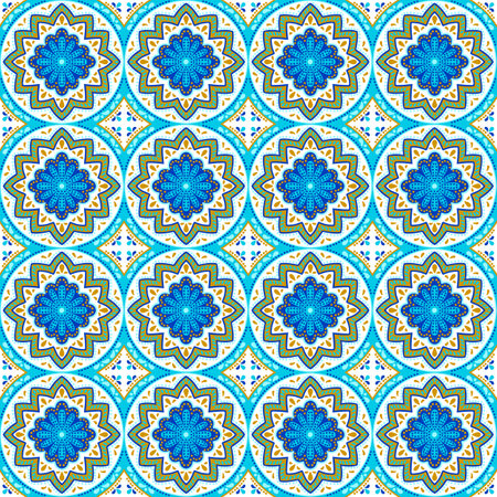 Moroccan ceramic tile pattern. Ethnic floral motifs. Mediterranean traditional folk ornament.のイラスト素材