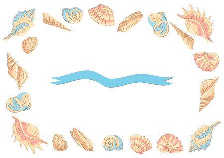 Frame with seashells. Tropical underwater mollusk shells decorative illustration.のイラスト素材