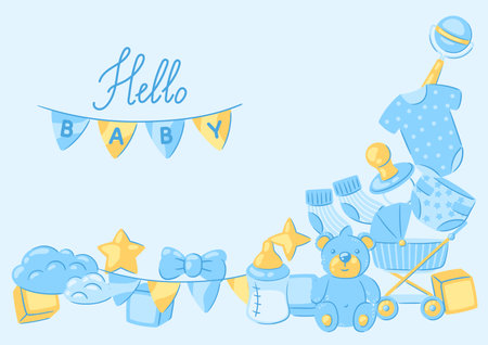 Baby shower greeting card. New born baby boy Happy Birthday. Celebration symbols and items.のイラスト素材