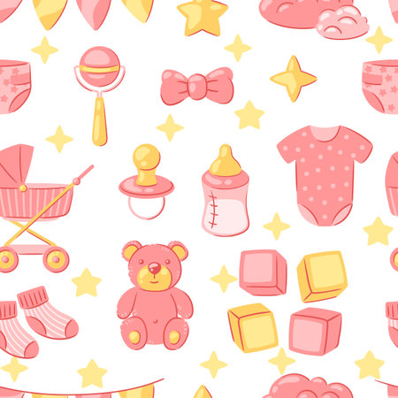 Baby shower pattern. New born baby boy Happy Birthday. Celebration symbols and items.のイラスト素材