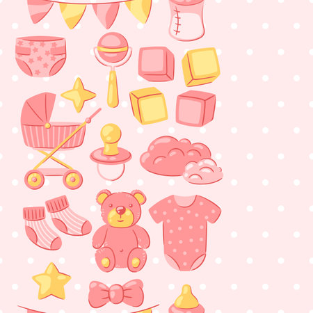 Baby shower pattern. New born baby boy Happy Birthday. Celebration symbols and items.のイラスト素材