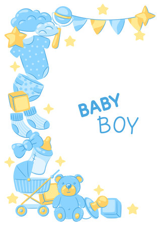 Baby shower greeting card. New born baby boy Happy Birthday. Celebration symbols and items.のイラスト素材