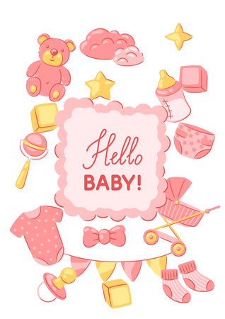 Baby shower frame. New born baby boy Happy Birthday. Celebration symbols and items.のイラスト素材