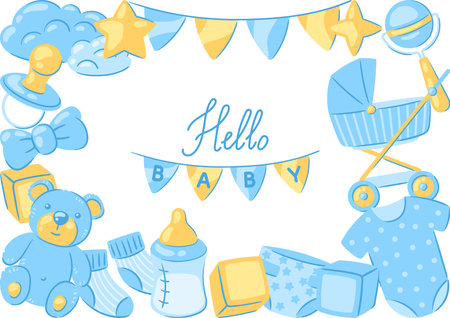 Baby shower greeting card. New born baby boy Happy Birthday. Celebration symbols and items.のイラスト素材