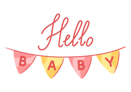 Baby shower greeting card. New born baby boy Happy Birthday. Celebration symbols and items.のイラスト素材