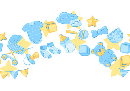 Baby shower pattern. New born baby boy Happy Birthday. Celebration symbols and items.のイラスト素材