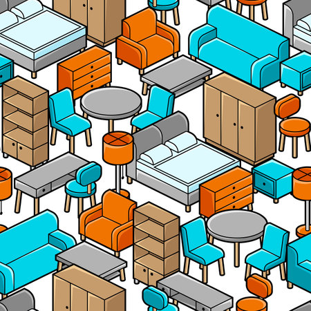 Home furniture isometry pattern. Domestic and office furniture and equipment. Background for store sales and discount.のイラスト素材