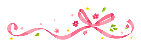 Ribbon with bow and flowers. Beautiful decorative natural plants, buds and leaves.のイラスト素材