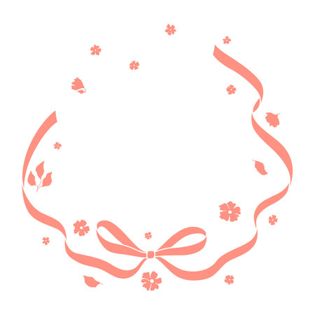 Ribbon with bow and flowers. Beautiful decorative natural plants, buds and leaves.のイラスト素材