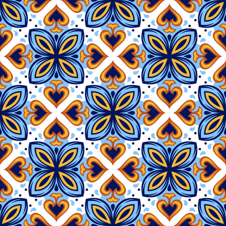 Portuguese ceramic tile pattern. Mediterranean traditional ornament. Italian pottery or spanish majolica.のイラスト素材