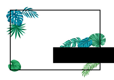 Frame with stylized palm leaves. Decorative image of tropical foliage and plants. Exotic nature.のイラスト素材