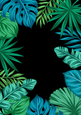 Frame with stylized palm leaves. Decorative image of tropical foliage and plants. Exotic nature.のイラスト素材