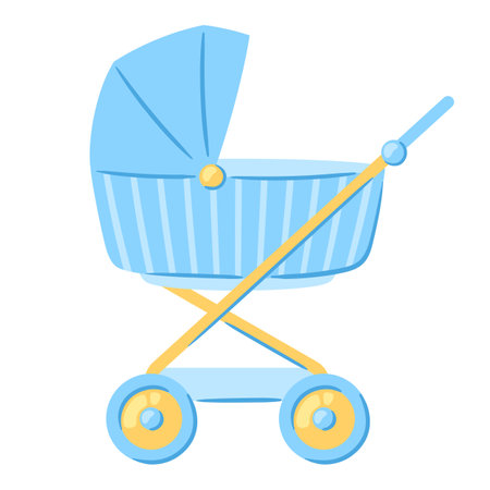 Illustration of baby carriage. New born baby boy Happy Birthday object. Celebration symbol and item.のイラスト素材