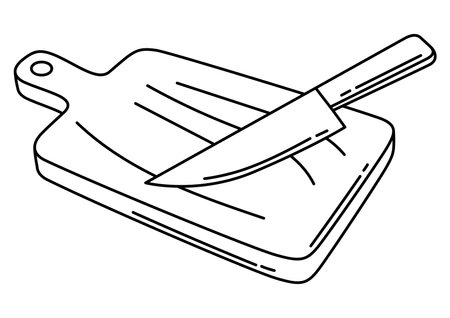 Cutting board with knife. Stylized kitchen object for cooking recipe and menu item.のイラスト素材