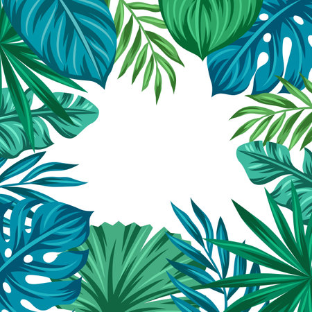 Background with palm leaves. Decorative image of tropical foliage and plants. Exotic nature.のイラスト素材