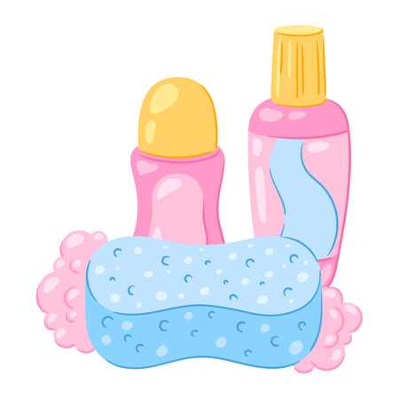 Illustration with hygiene objects. Washing, beauty, body care. Personal hygiene and self care items. Stylized image.のイラスト素材