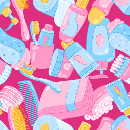 Pattern with hygiene objects. Washing, beauty, body care. Personal hygiene and self care items. Stylized image.のイラスト素材