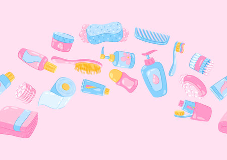 Pattern with hygiene objects. Washing, beauty, body care. Personal hygiene and self care items. Stylized image.のイラスト素材