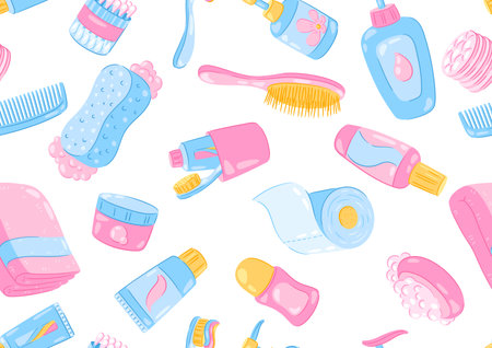 Pattern with hygiene objects. Washing, beauty, body care. Personal hygiene and self care items. Stylized image.のイラスト素材