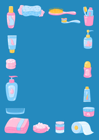 Background with hygiene objects. Washing, beauty, body care. Personal hygiene and self care items. Stylized image.のイラスト素材
