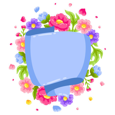 Background with flowers and ribbon. Beautiful decorative natural plants, buds and leaves.のイラスト素材