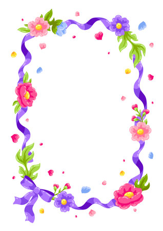 Ribbon with bow and flowers. Beautiful decorative natural plants, buds and leaves.のイラスト素材