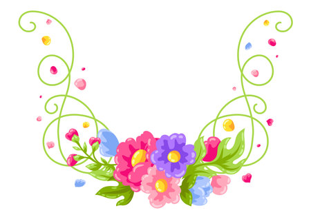 Curl element with flowers. Beautiful decorative natural plants, buds and leaves.のイラスト素材