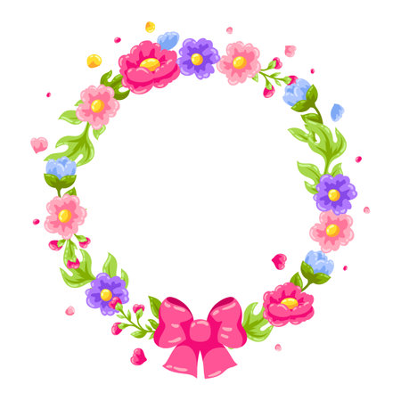 Ribbon with bow and flowers. Beautiful decorative natural plants, buds and leaves.のイラスト素材