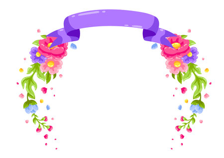 Background with flowers and ribbon. Beautiful decorative natural plants, buds and leaves.のイラスト素材