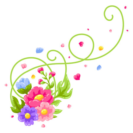 Curl element with flowers. Beautiful decorative natural plants, buds and leaves.のイラスト素材