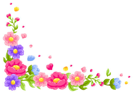 Background with pretty flowers. Beautiful decorative natural plants, buds and leaves.のイラスト素材