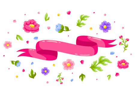 Background with flowers and ribbon. Beautiful decorative natural plants, buds and leaves.のイラスト素材