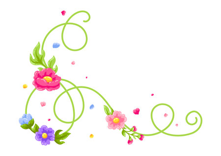 Curl element with flowers. Beautiful decorative natural plants, buds and leaves.のイラスト素材