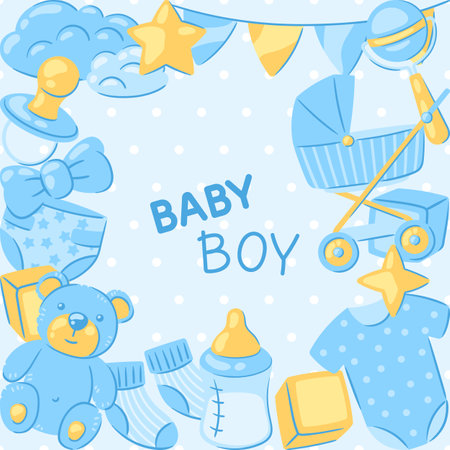 Baby shower greeting card. New born baby boy Happy Birthday. Celebration symbols and items.のイラスト素材