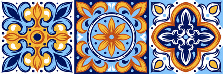 Portuguese ceramic tile pattern. Mediterranean traditional ornament. Italian pottery or spanish majolica.のイラスト素材